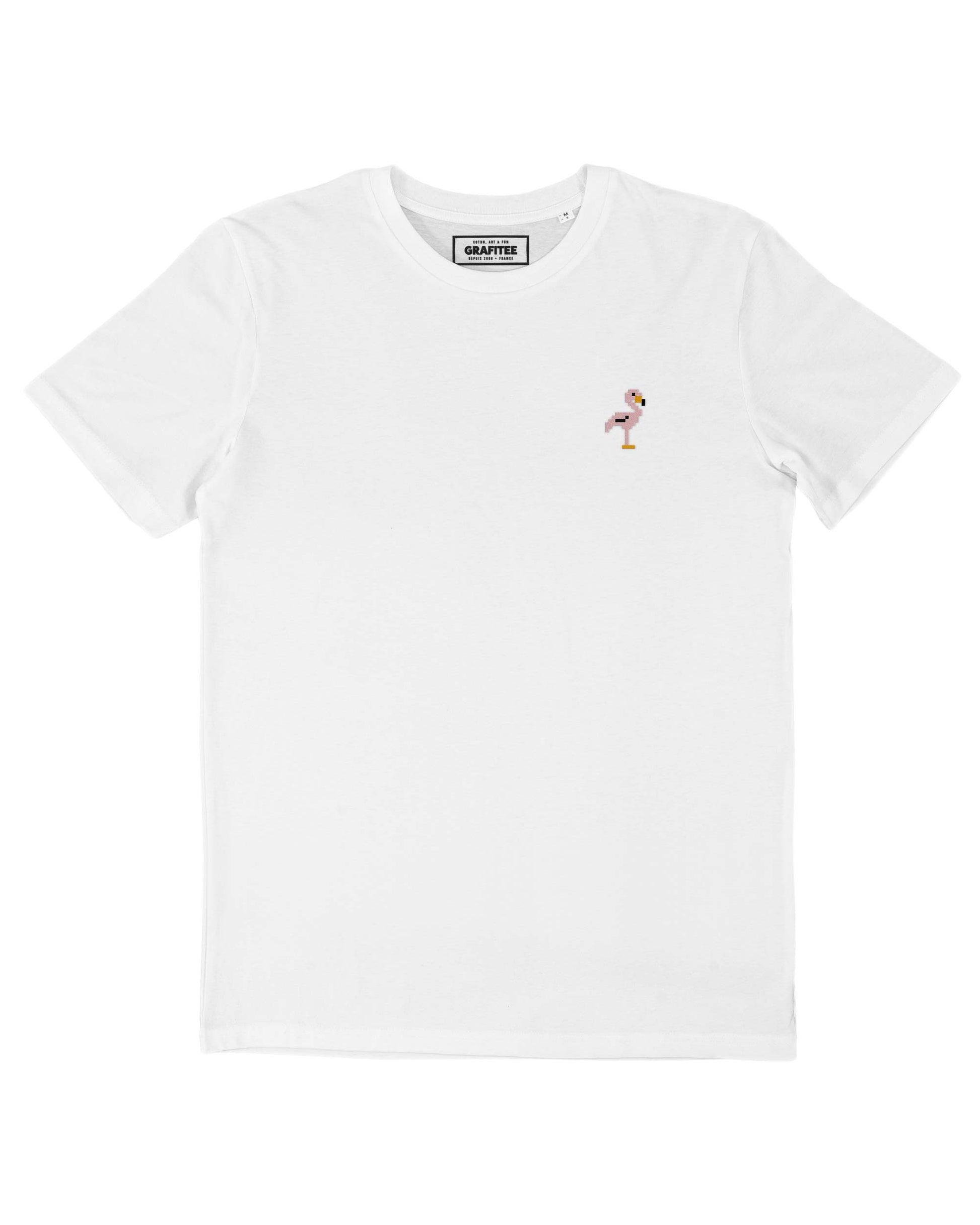 T-shirt bianca con ricamo fenicottero rosa in cotone biologico