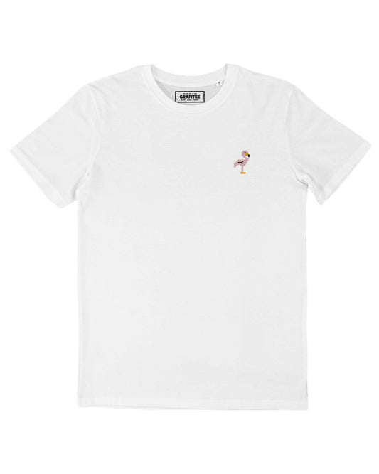T-shirt bianca con ricamo fenicottero rosa in cotone biologico