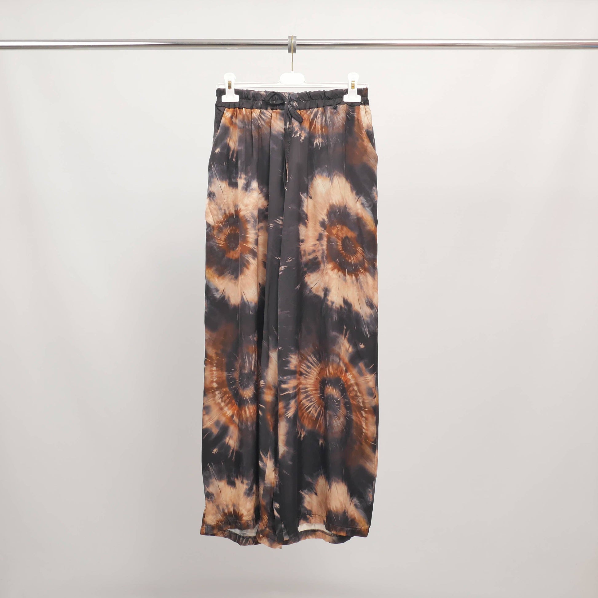 Pantaloni fluidi tie-dye in viscosa e seta