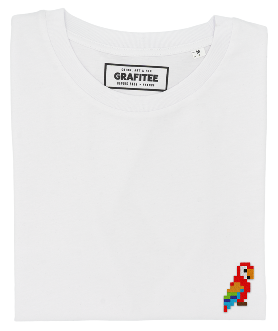 T-shirt bianca con pappagallo ricamato in cotone biologico GOTS