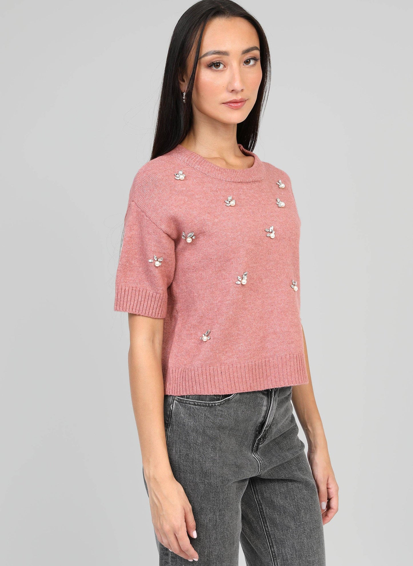 Maglione rosa Nelida con strass e perle