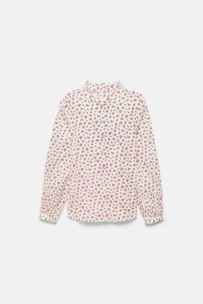 Blusa floreale con volant e bottoni