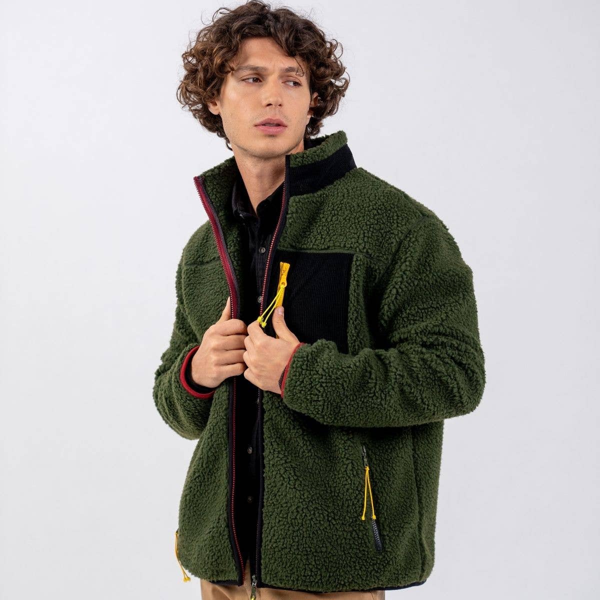 Giacca sherpa unisex con zip kaki