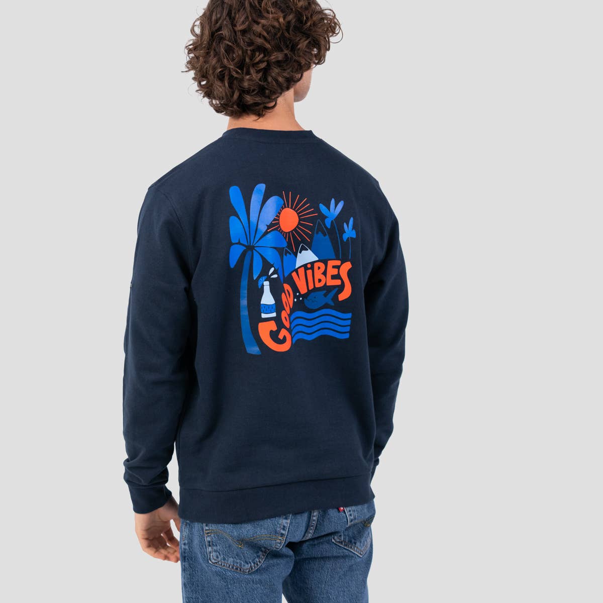 Felpa blu in cotone biologico con stampa Good Vibes