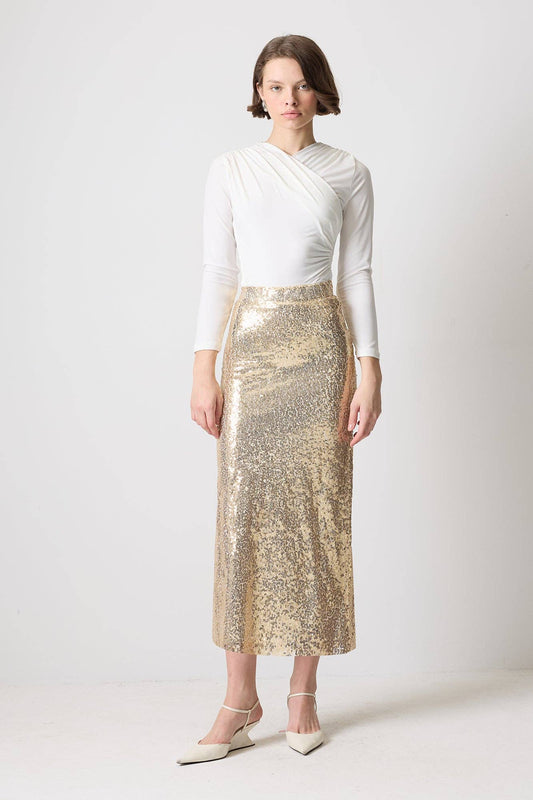Gonna midi a vita alta in paillettes oro