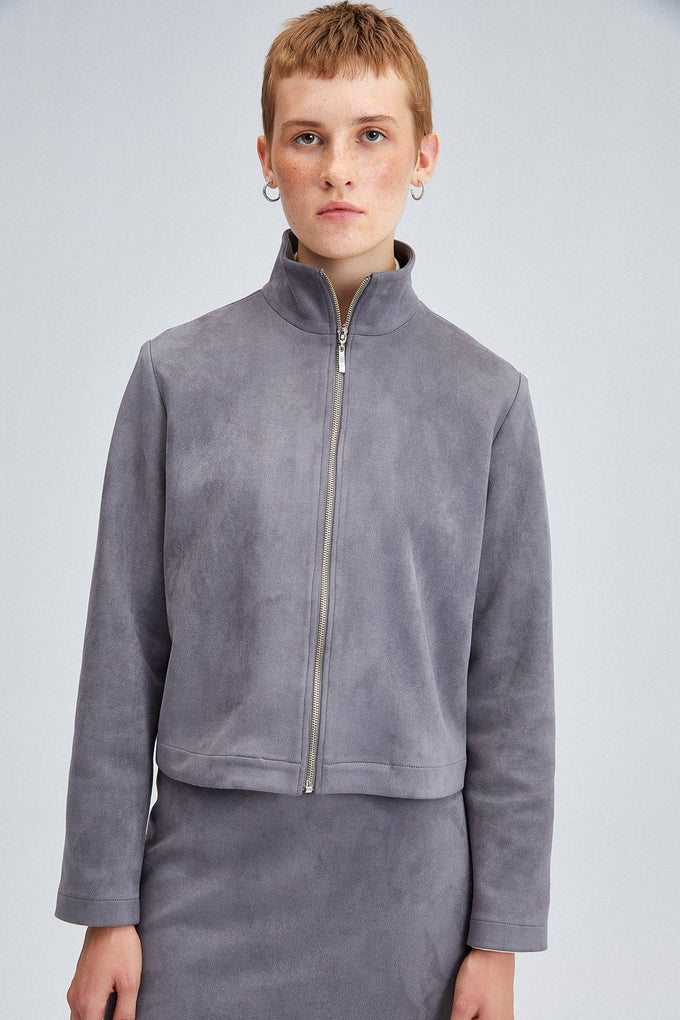 Giacca effetto suede con zip e collo alto