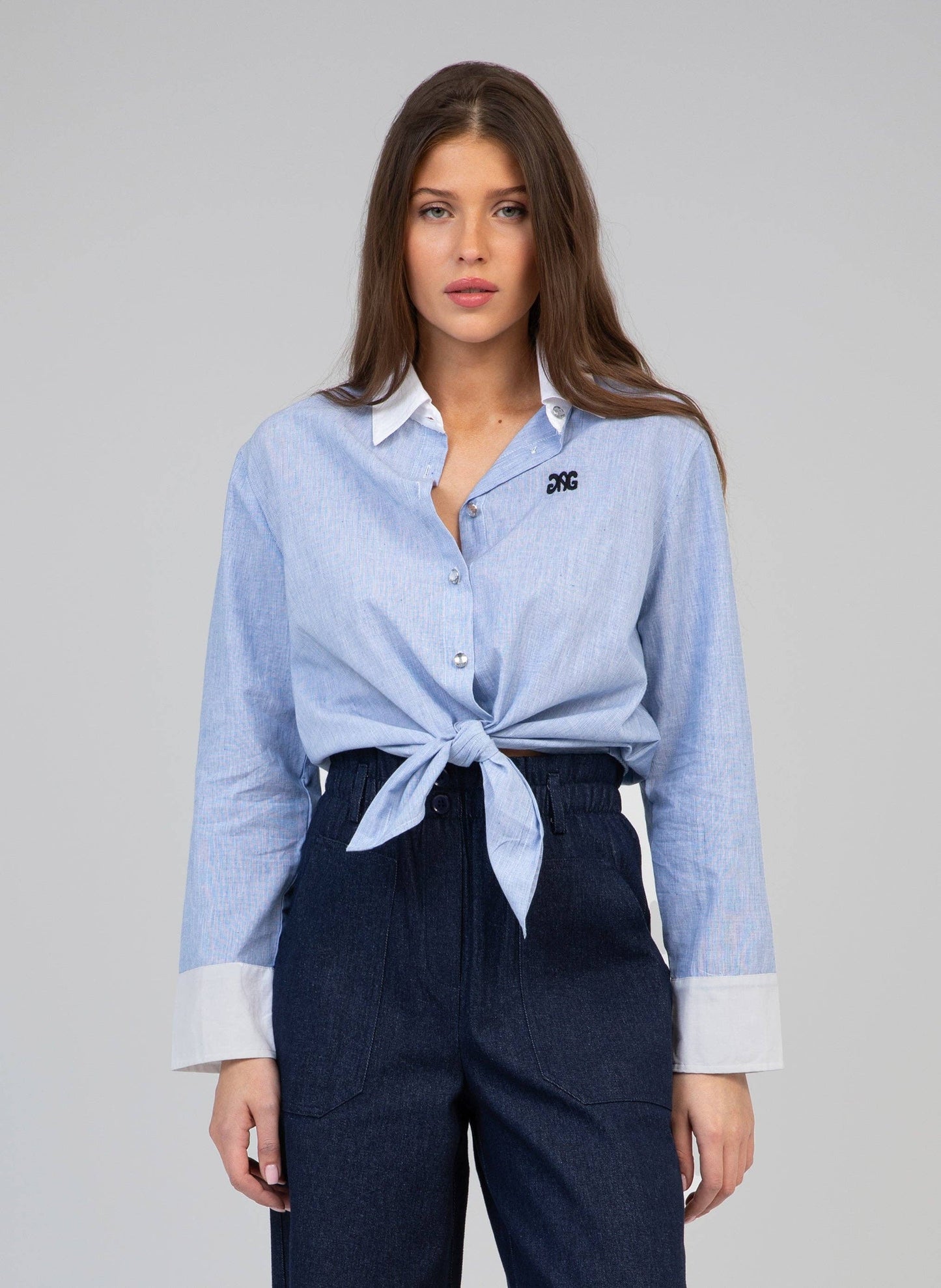 Camicia Senora blu in popeline di cotone con nodo