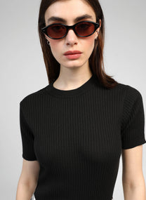 Maglia a Costine Nera Girocollo Manica Corta