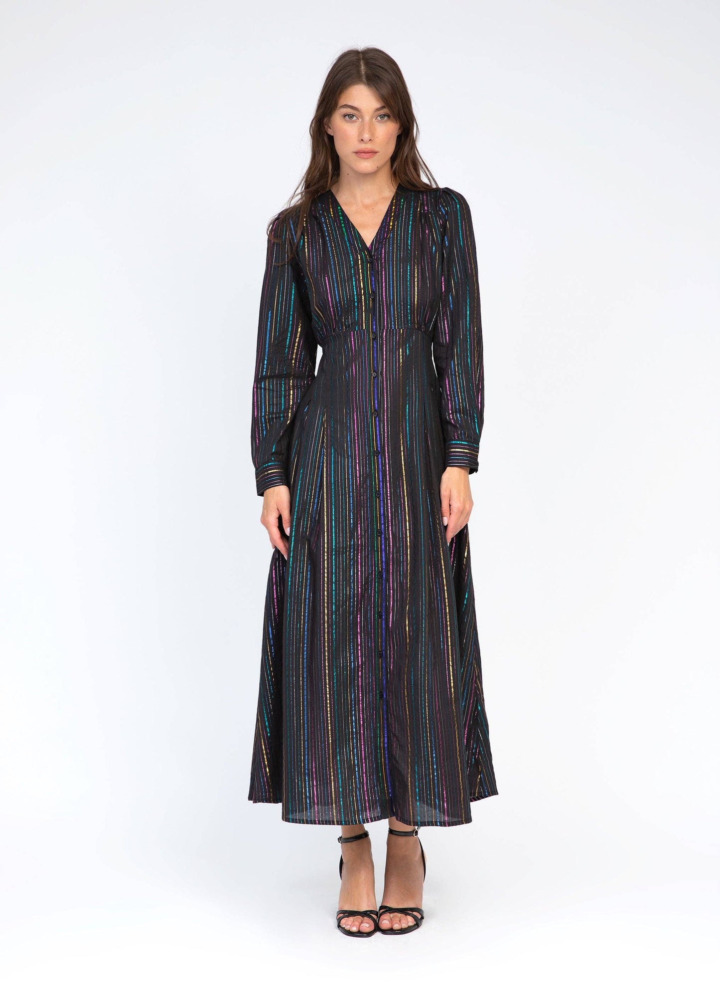 Abito lungo nero Ozane con righe multicolor effetto lurex