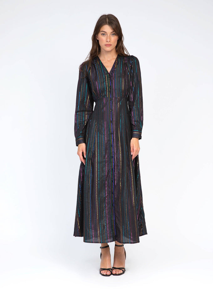 Abito lungo nero Ozane con righe multicolor effetto lurex