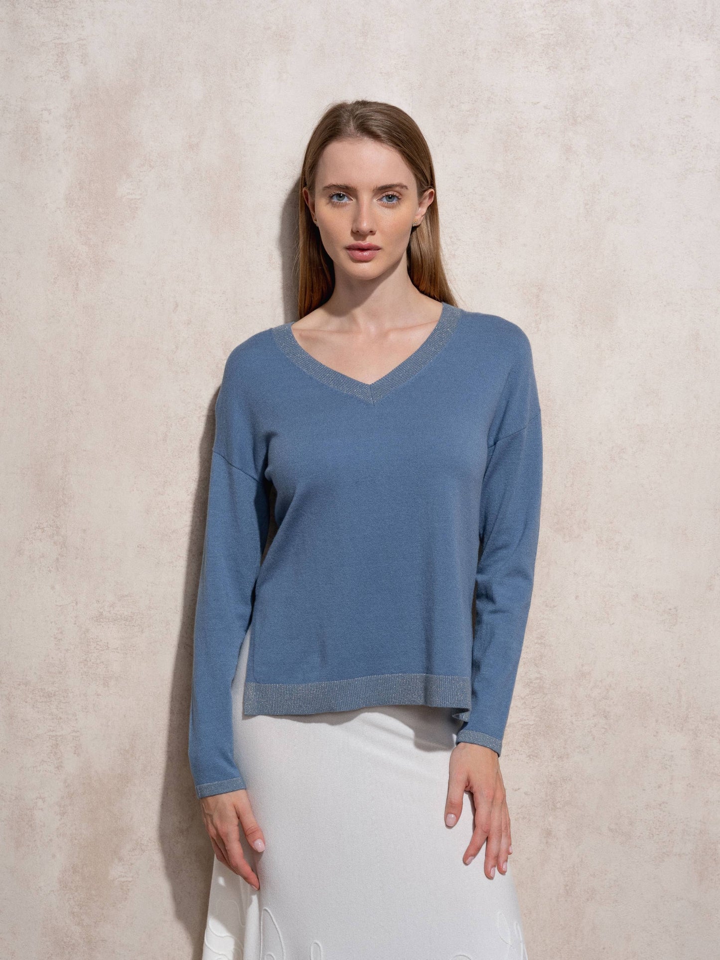 Maglione in maglia lurex con scollo a V