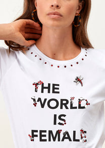 T-shirt The World Is Female con applicazioni gioiello