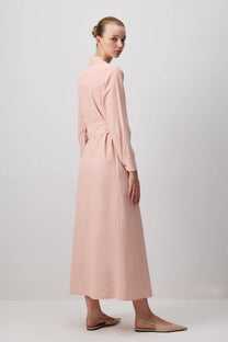 Abito camicia lungo rosa in popeline con cintura