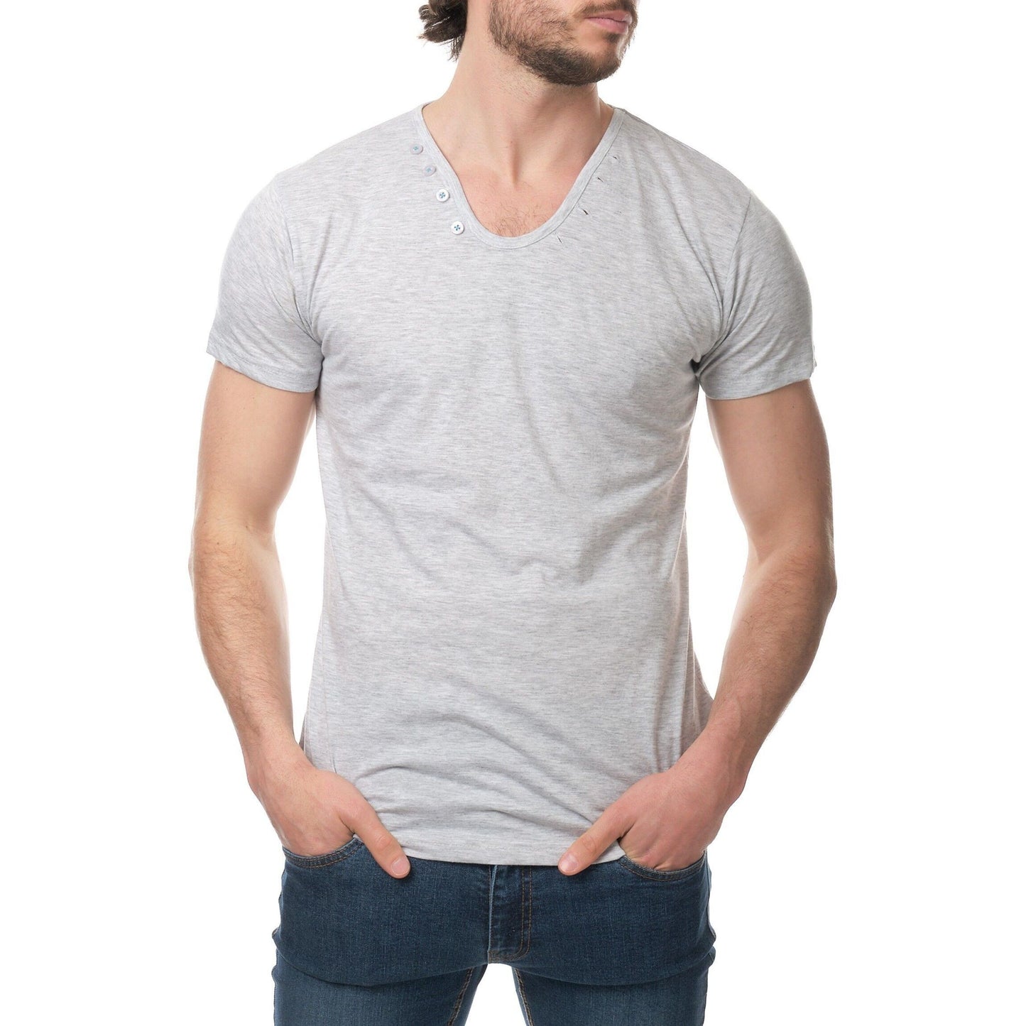 T-shirt uomo grigia in cotone con scollo a goccia e bottoni
