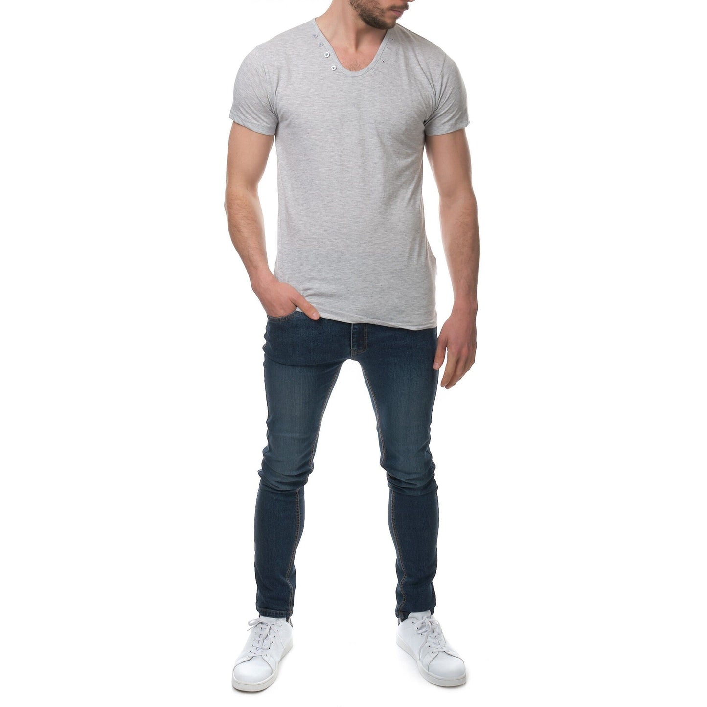 T-shirt uomo grigia in cotone con scollo a goccia e bottoni