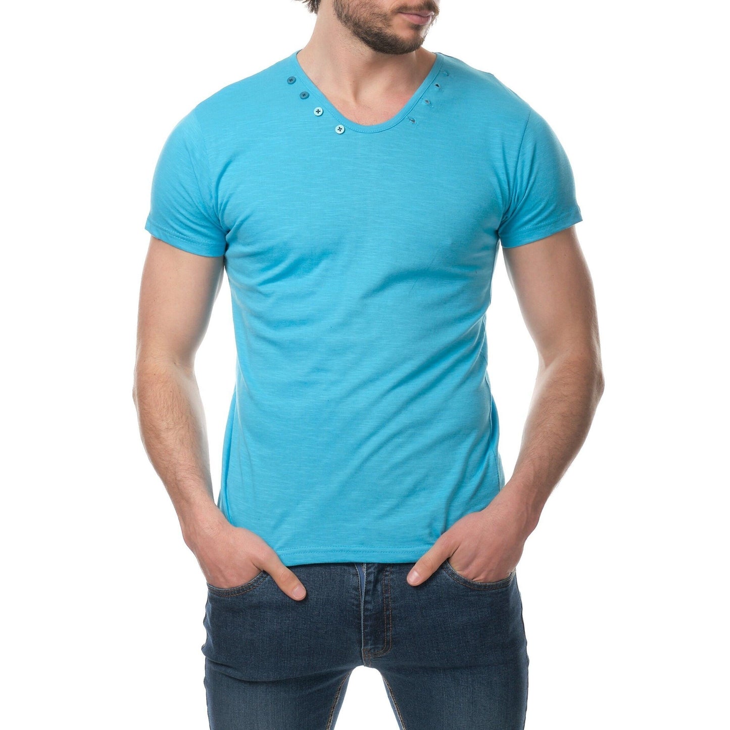 T-shirt Uomo Turchese in Cotone con Bottoni