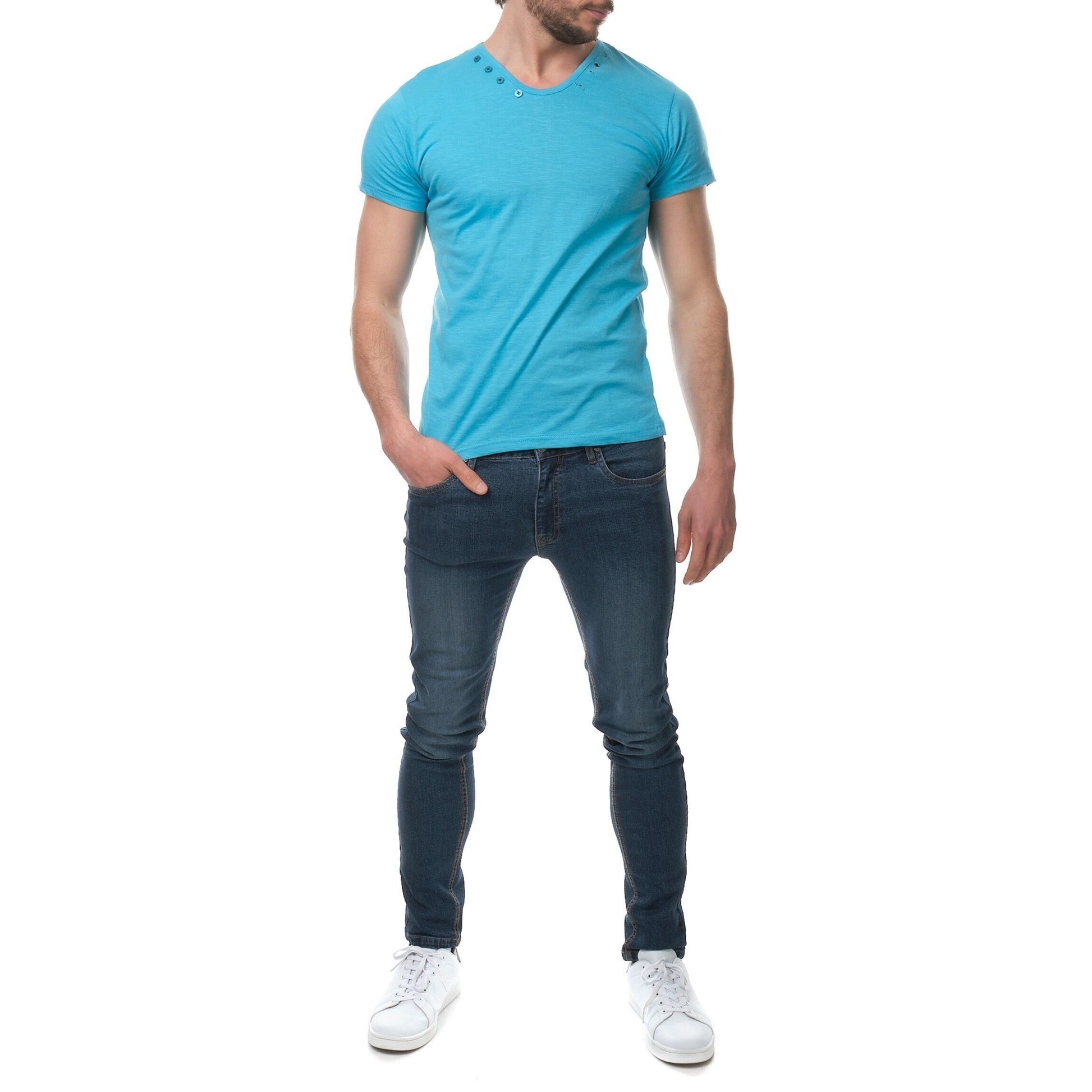 T-shirt Uomo Turchese in Cotone con Bottoni