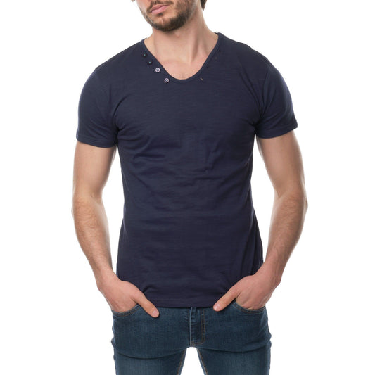 T-shirt uomo blu navy in cotone con scollo a V e bottoni