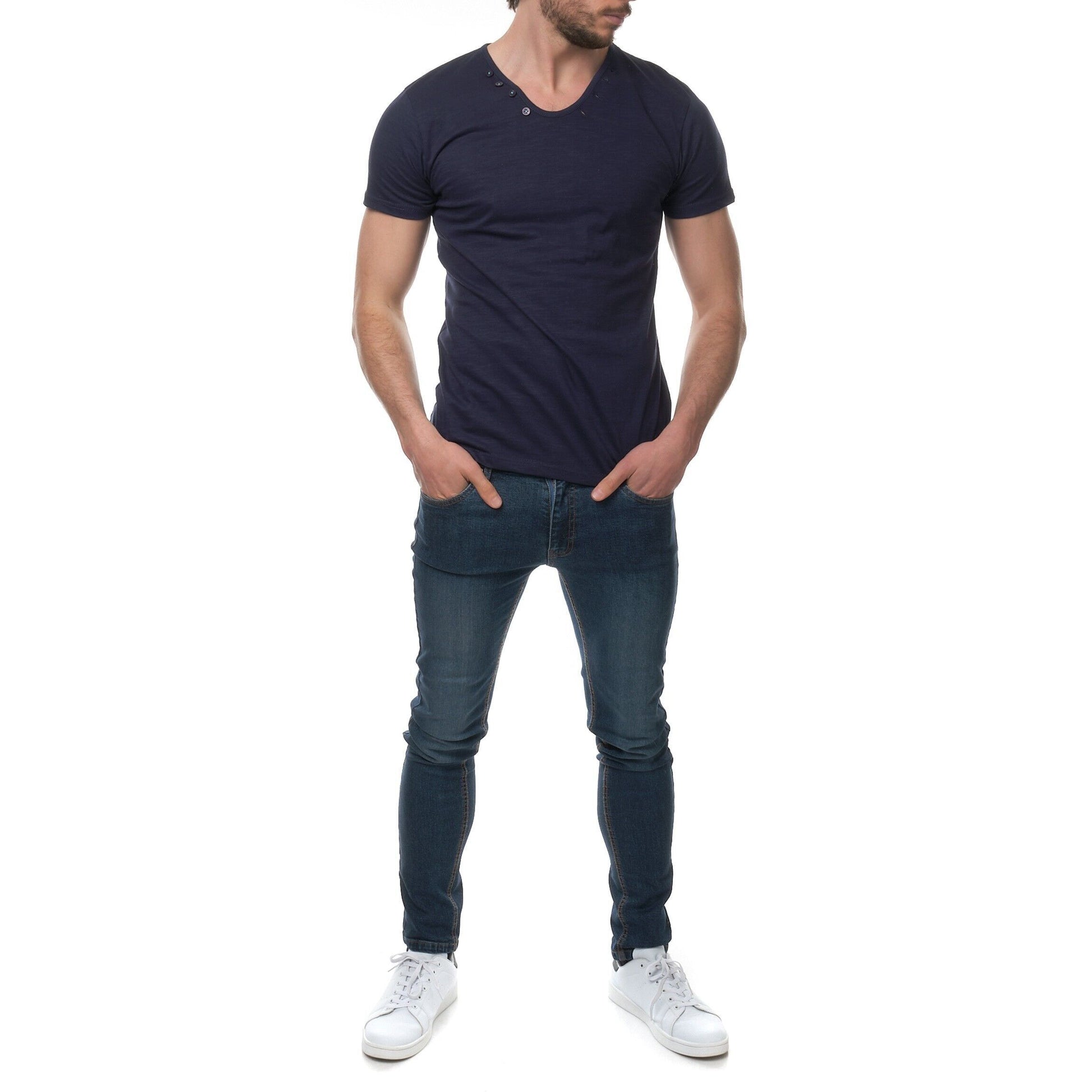 T-shirt uomo blu navy in cotone con scollo a V e bottoni