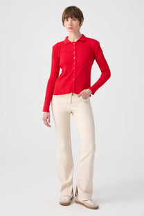 Top in maglia a coste con colletto polo e bottoni
