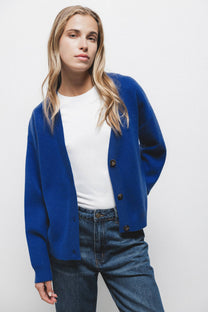 Cardigan in maglia blu con scollo a V