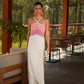 Abito lungo con spalline incrociate e righe multicolor