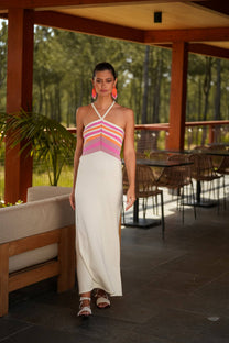 Abito lungo con spalline incrociate e righe multicolor