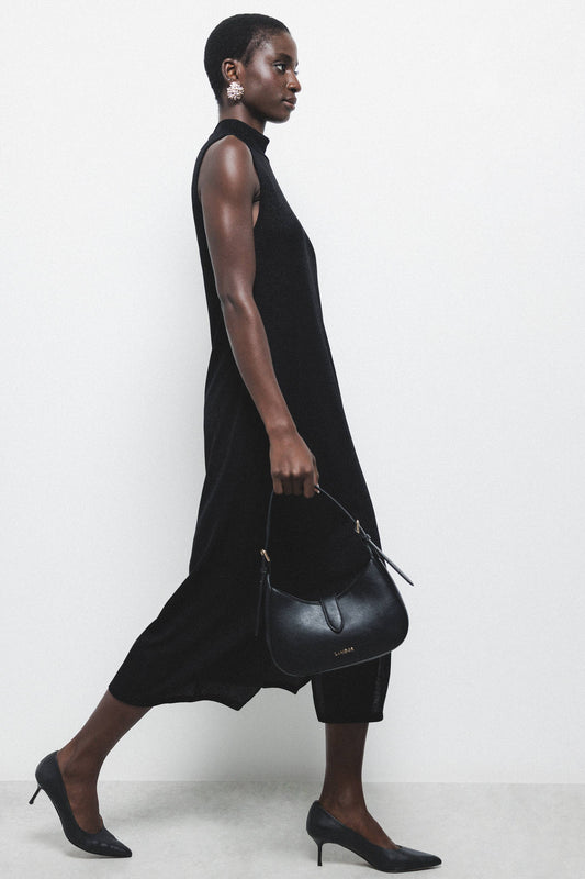 Abito midi nero con dettagli metallici