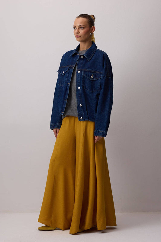 Pantaloni gonna a gamba larga senape con vita elasticizzata