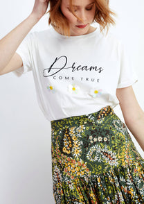 T-shirt Dreams con scritta e fiori applicati