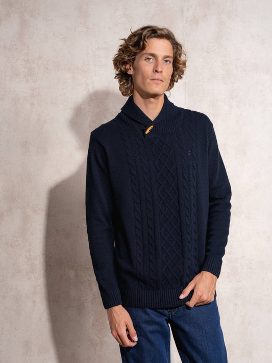 Maglione uomo intrecciato con collo a scialle e chiusura a bottone
