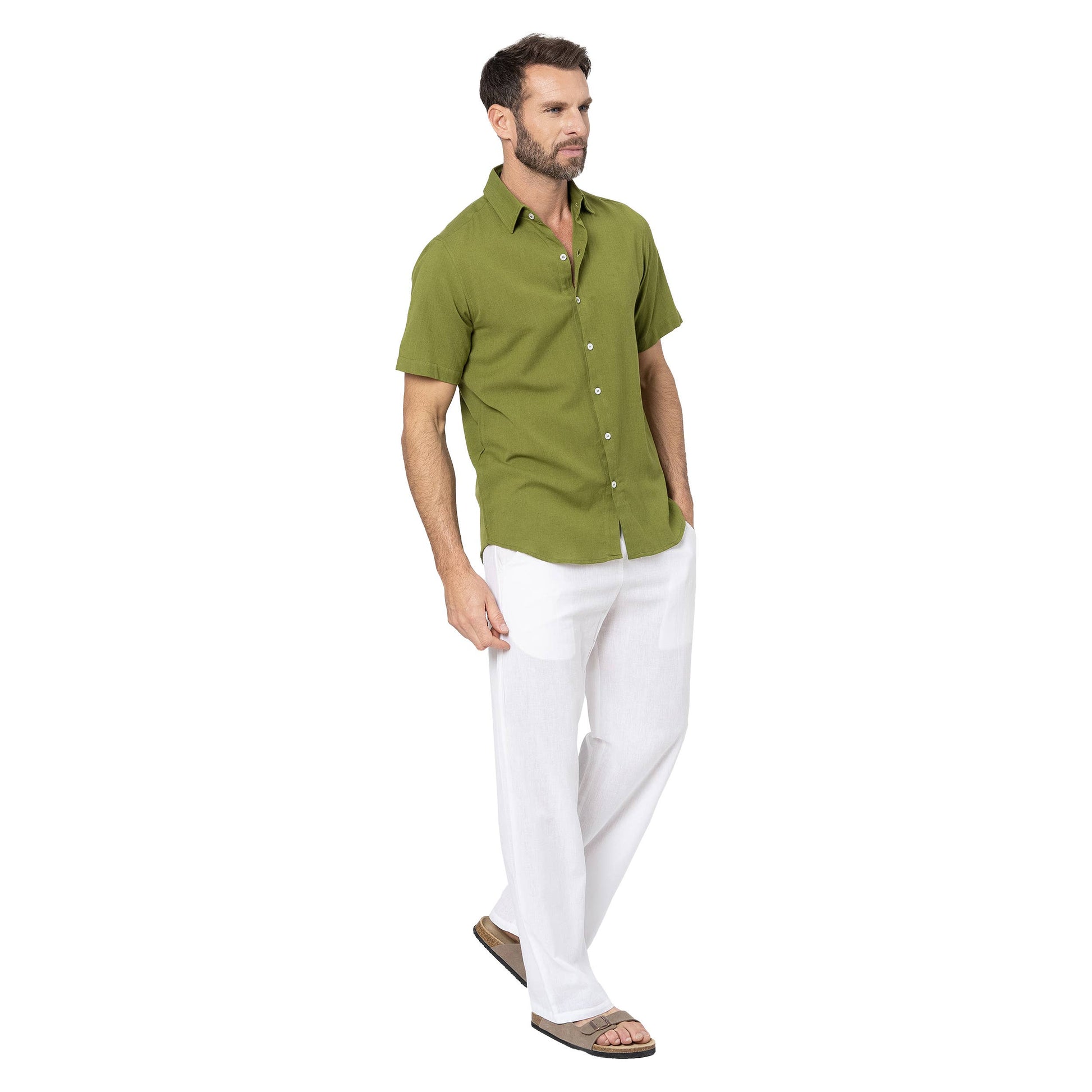 Camicia estiva uomo in lino a maniche corte verde