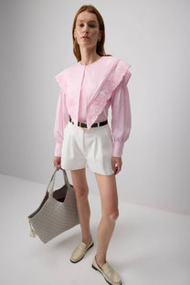 Tunica rosa con maxi colletto ricamato