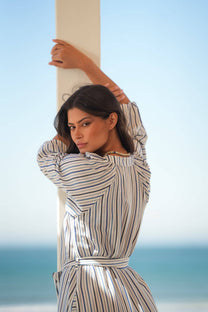 Blusa a righe in viscosa con cintura