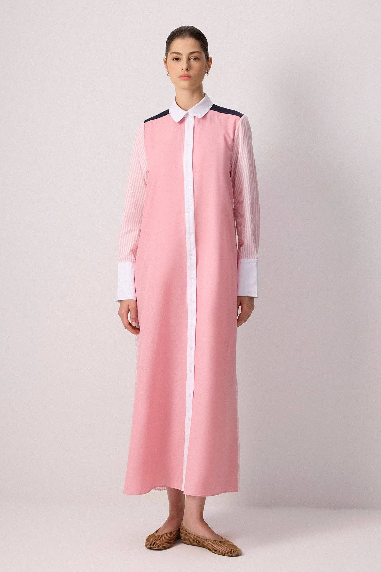 Abito camicia maxi bicolore a righe in cotone misto