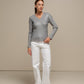 Maglione donna laminato a costine con scollo a V