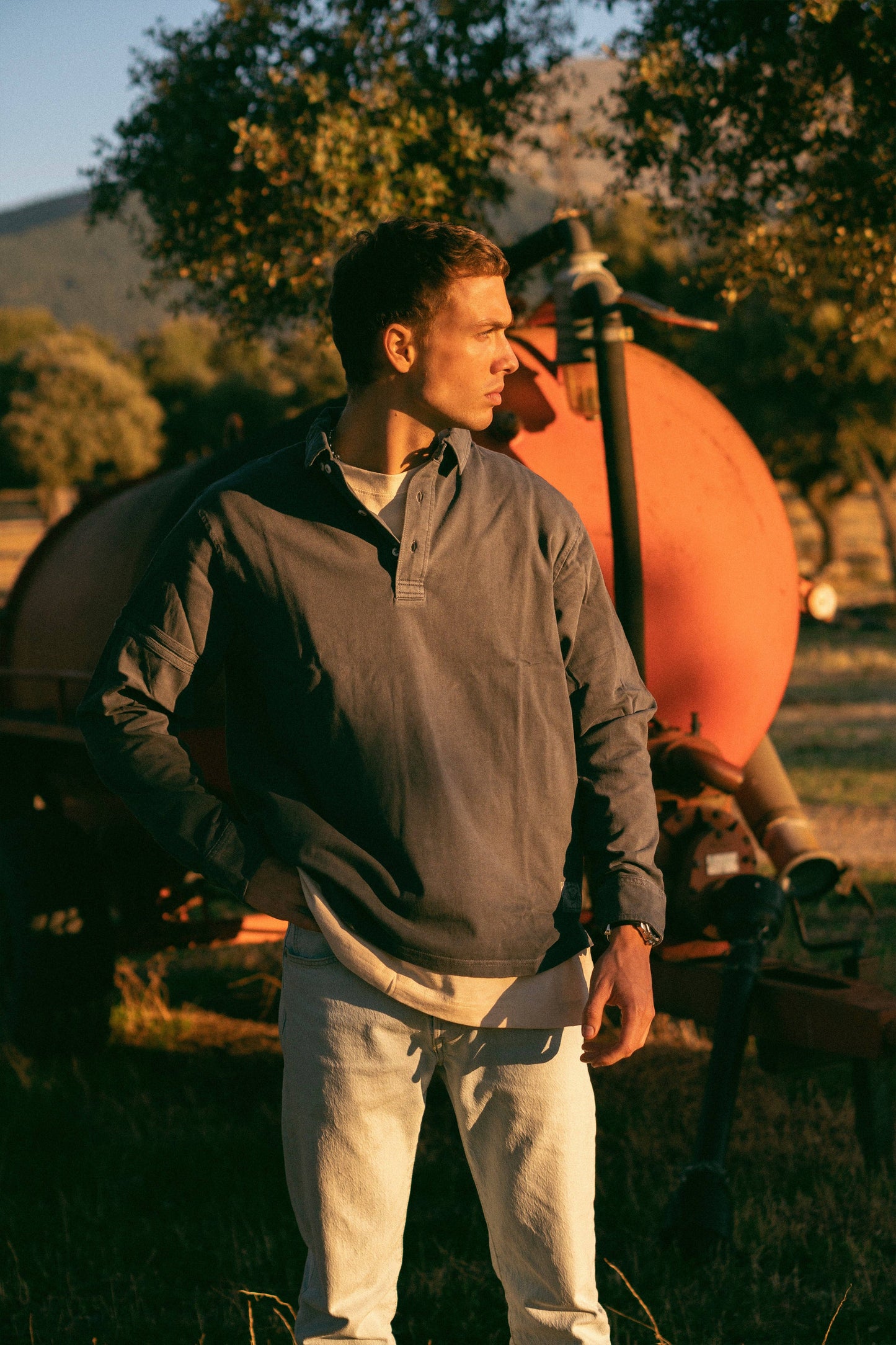 Polo blu Revival a manica lunga in cotone biologico