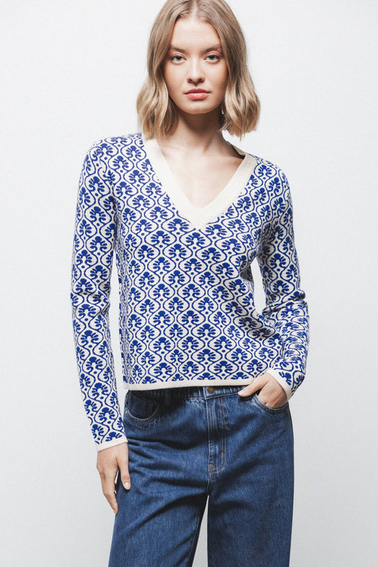 Maglione jacquard con motivo geometrico e scollo a V
