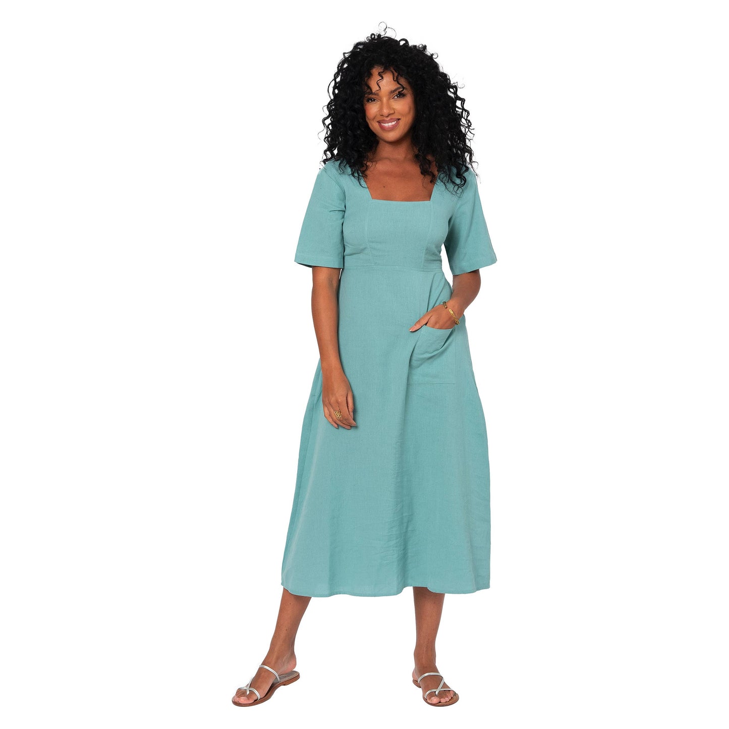 Vestito lungo estivo in cotone e lino con maniche corte
