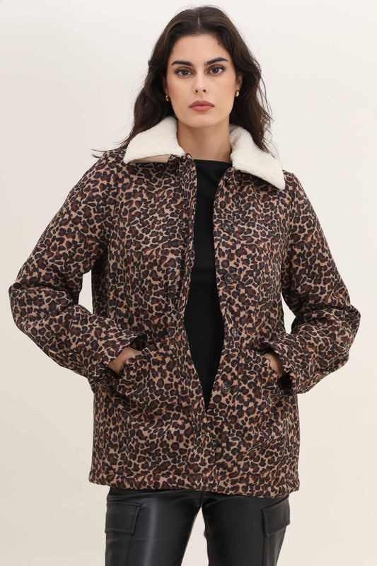 Giacca in velluto leopardata con collo in ecopelliccia removibile