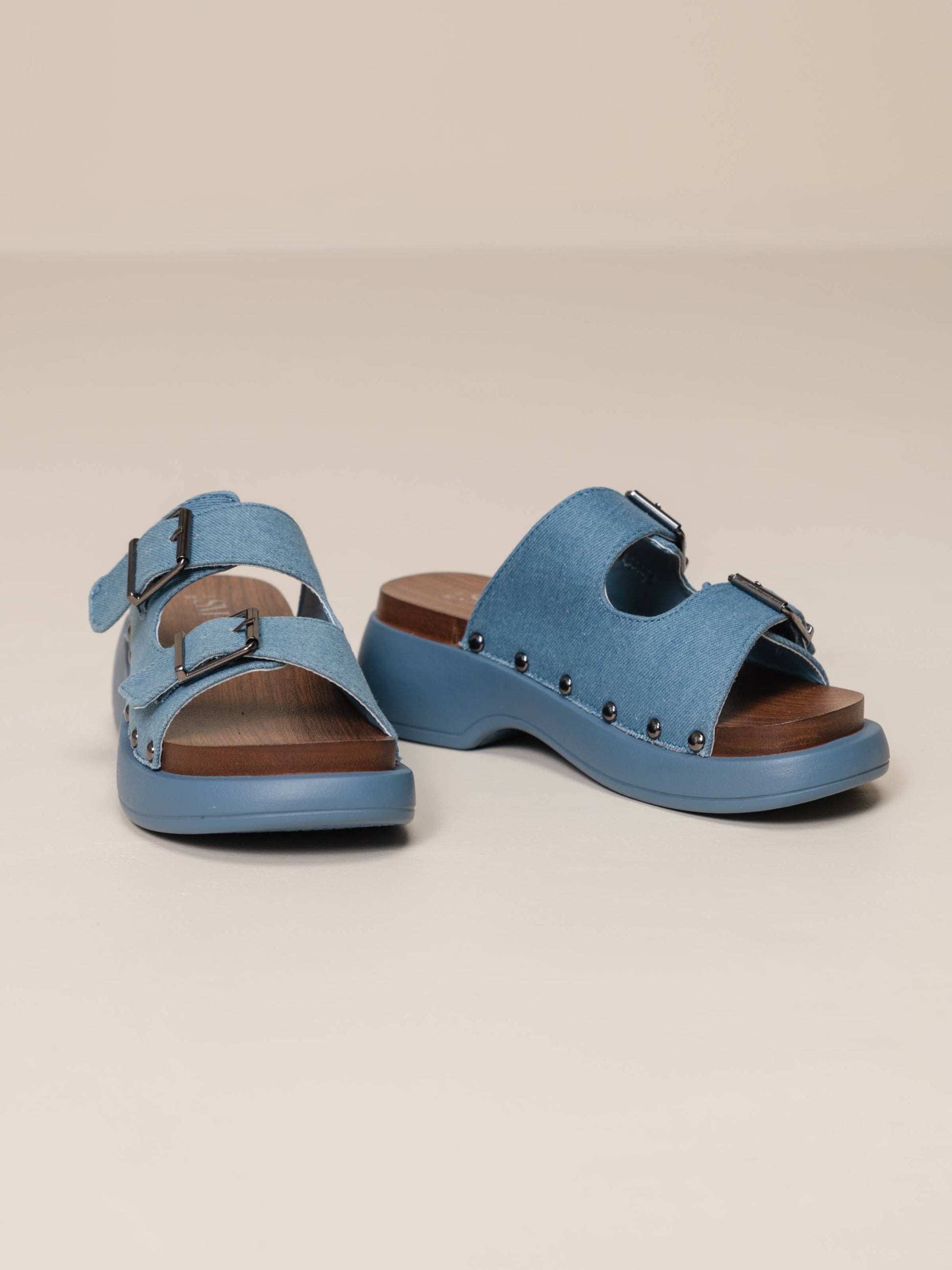 Sandali platform in denim con zeppa alta