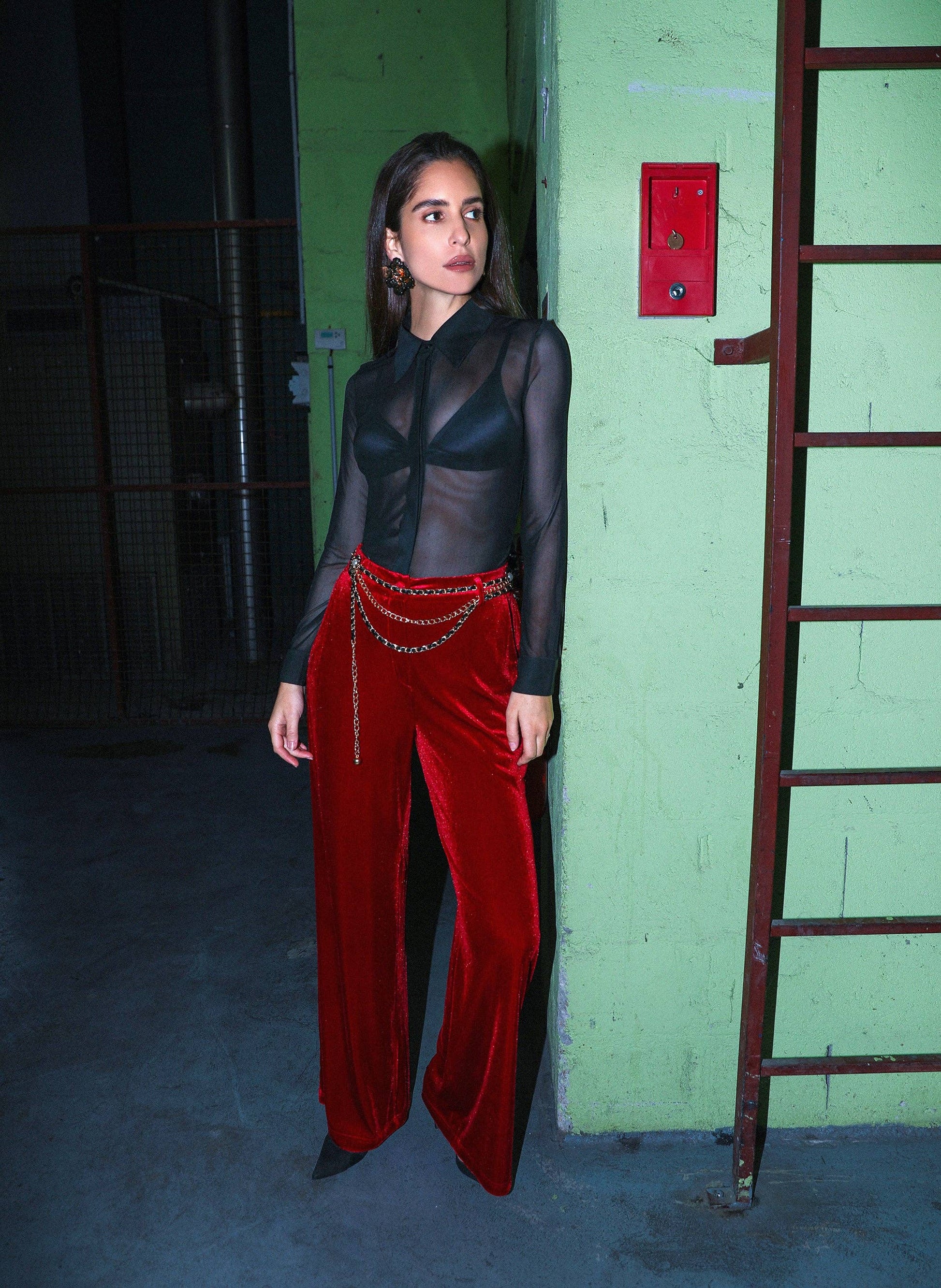 Pantaloni a Zampa in Velluto Rosso