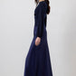 Abito lungo blu navy drappeggiato con maniche a palloncino
