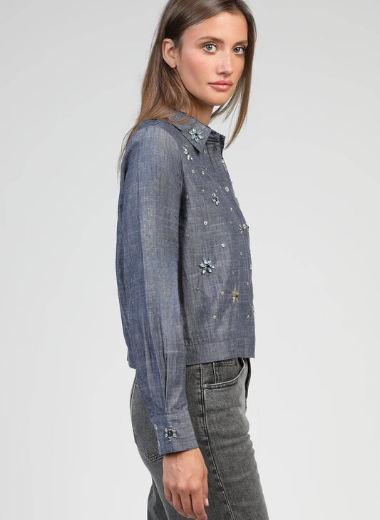 Camicia in denim Stelia con ricami e paillettes