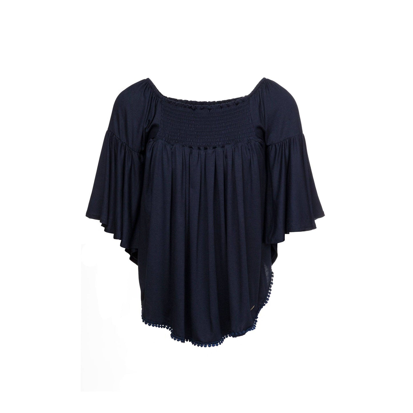 Blusa elasticizzata off-shoulder con maniche a volant