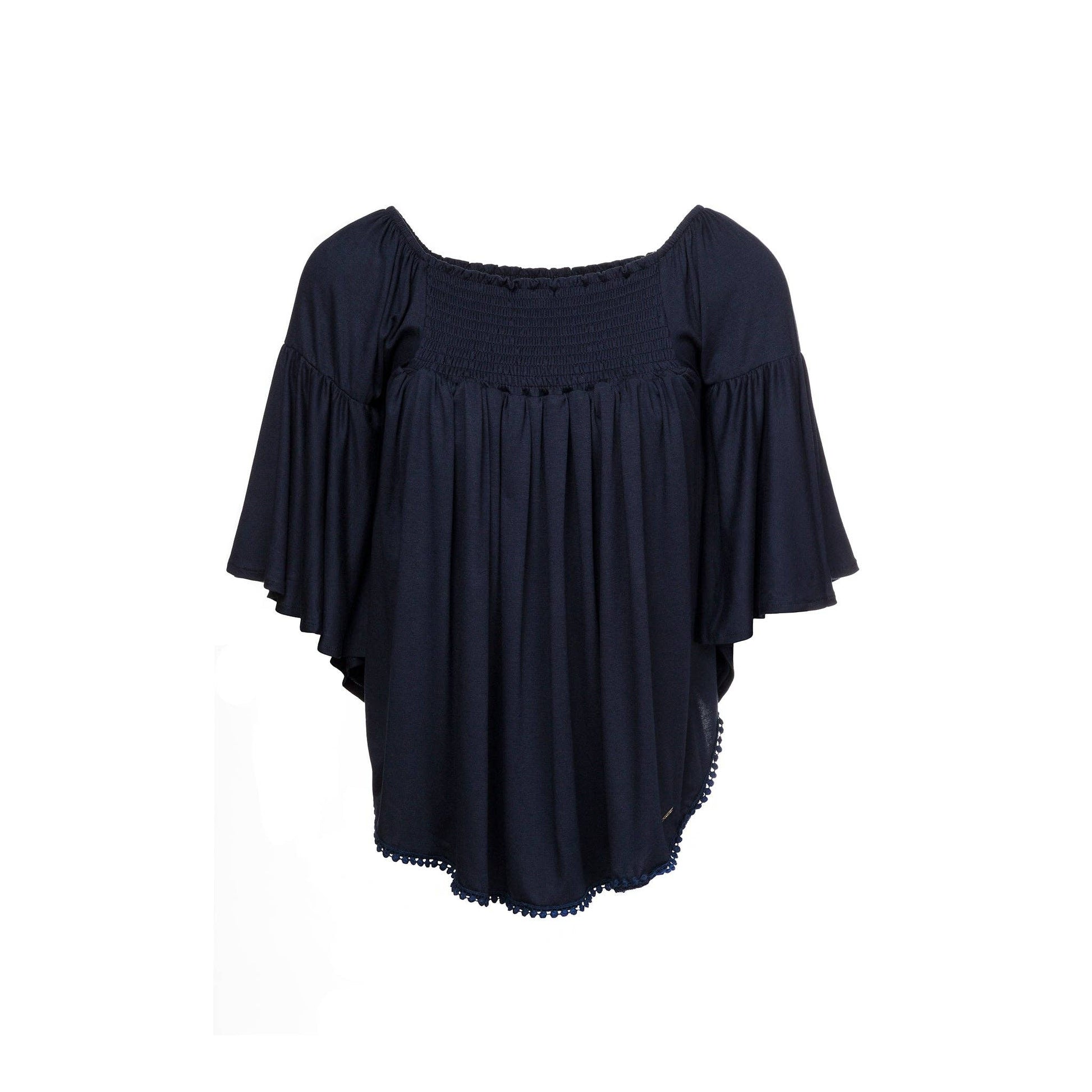 Blusa elasticizzata off-shoulder con maniche a volant