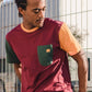 T-shirt con taschino in cotone biologico color block bordeaux