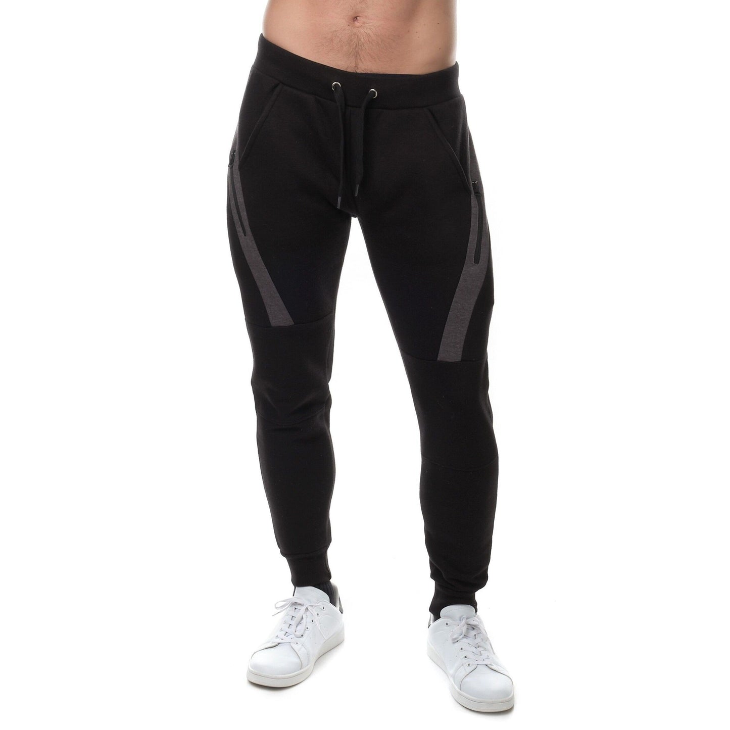 Pantaloni jogger in pile bicolor nero e beige da uomo