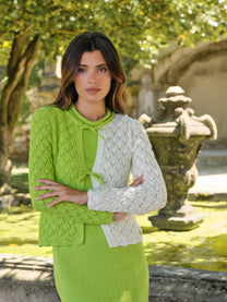 Cardigan in cotone bicolor traforato con laccetti