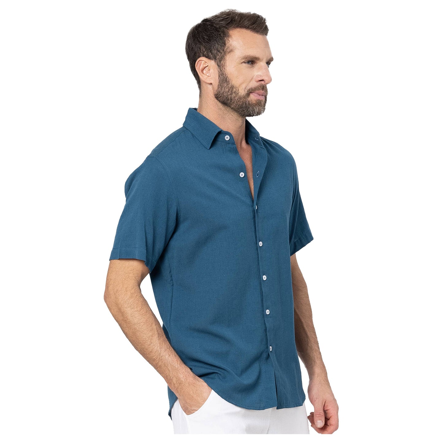 Camicia estiva uomo in lino e cotone petrolio a maniche corte